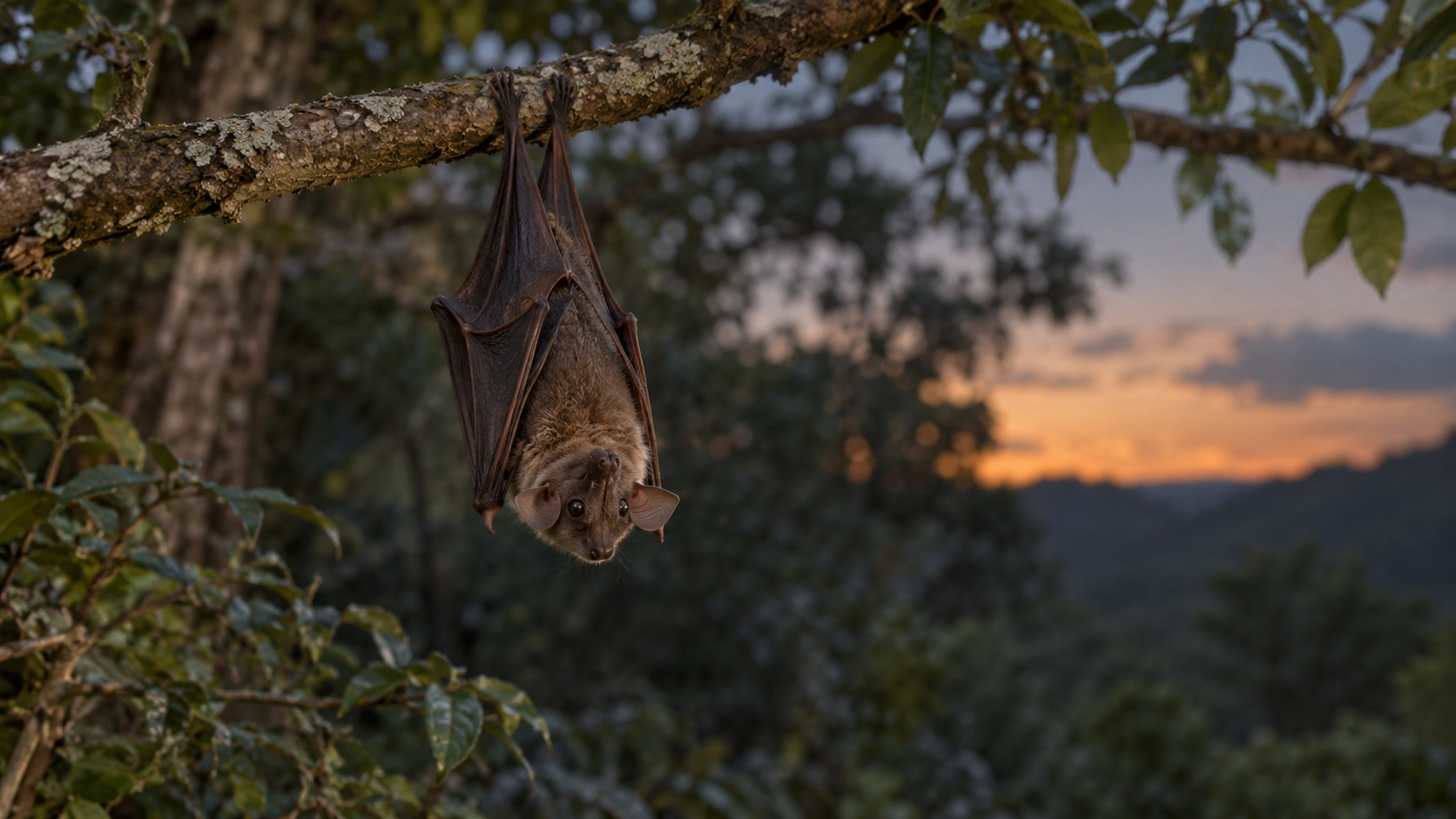 Eigene Naturillustration einer Fledermaus an einem Ast