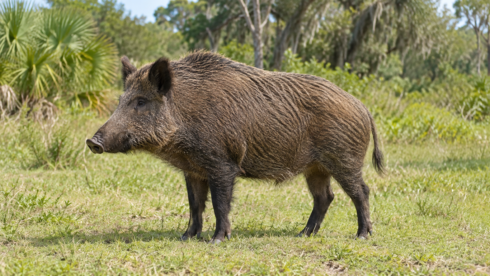 Eigene KI-Naturillustration eines vollständig sichtbaren Wildschweins in einer subtropischen Wiese