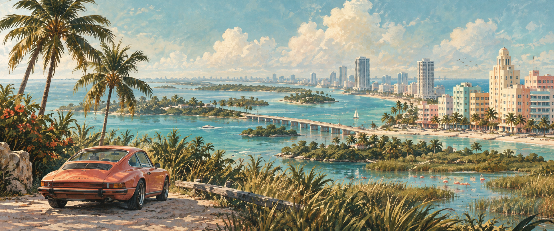 Eigenständige gemalte Küstenlandschaft mit Stadt, Inseln und Sumpfland; KI-Illustration, kein GTA-VI-Spielbild.