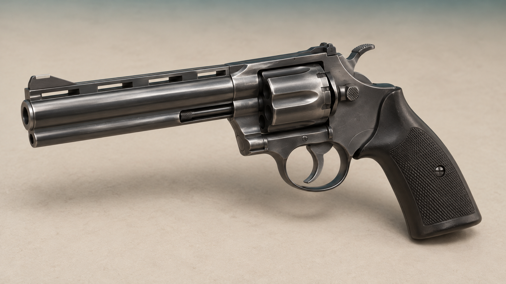 Eigene KI-Objektillustration: Mustang .357 / Python-ähnlicher Revolver auf heller Studiofläche
