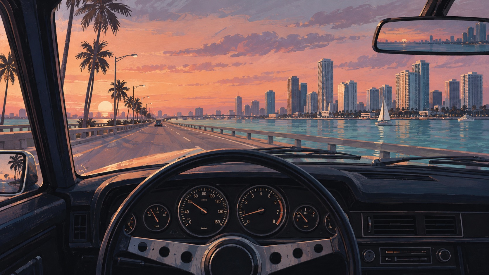 Eigene Illustration einer Autofahrt aus dem Cockpit entlang einer flachen Miami-Küste, kein Spielbild.