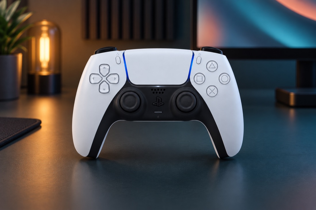 KI-Produktvisualisierung: Sony DualSense (Weiß · Wireless-Controller) in einem fiktiven Gaming-Studio.