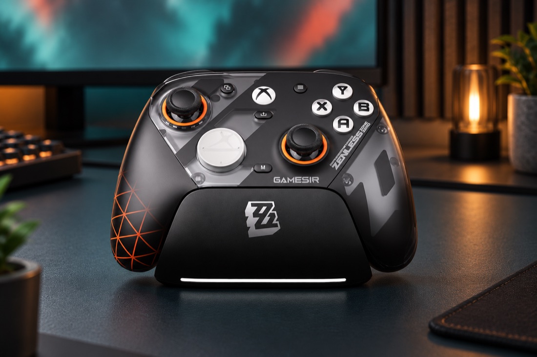 KI-Produktvisualisierung des GameSir G7 Pro in der Zenless Zone Zero Edition mit Ladestation.