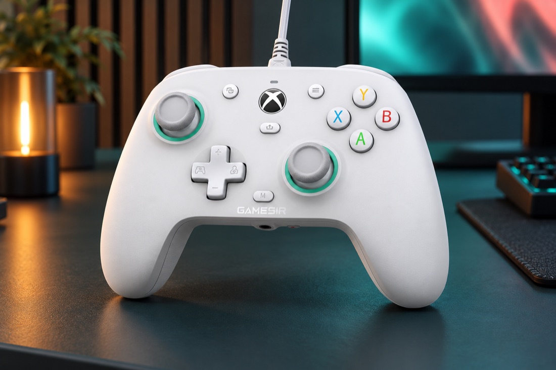 KI-Produktvisualisierung: GameSir G7 SE (Kabelgebunden · Hall-Effekt-Sticks) in einem fiktiven Gaming-Studio.