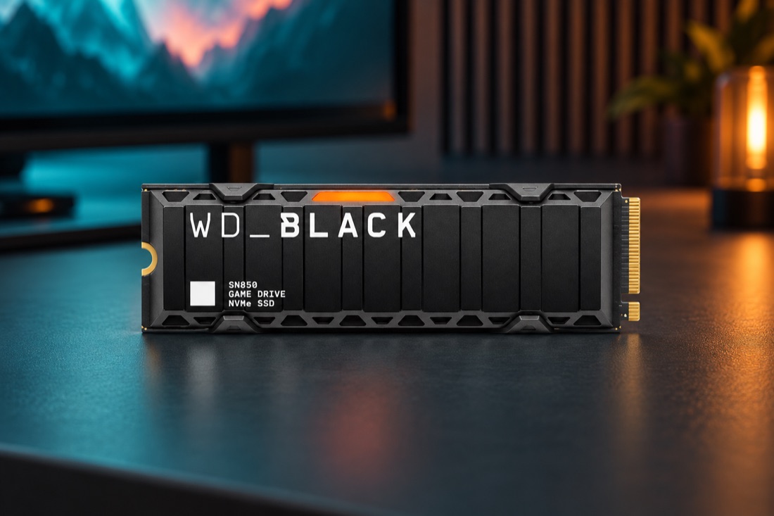 KI-Produktvisualisierung: WD_BLACK SN850 (1 TB · M.2 NVMe · mit Kühlkörper) in einem fiktiven Gaming-Studio.