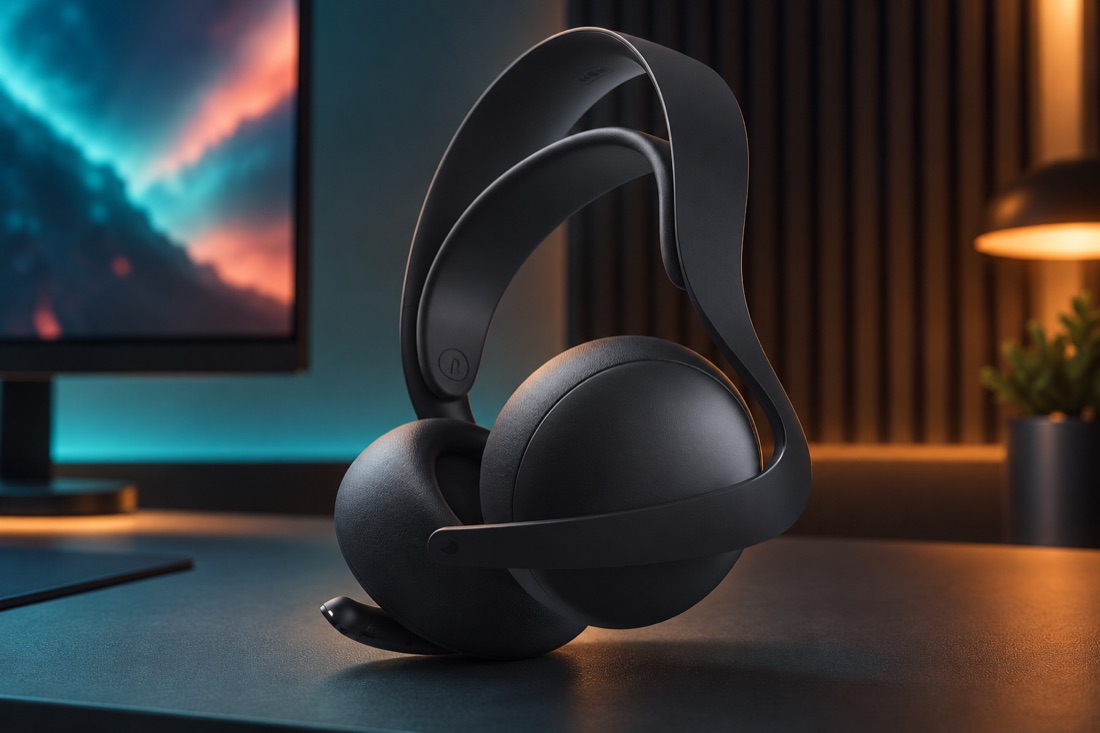 KI-Produktvisualisierung: Sony PULSE Elite (Midnight Black · Wireless-Headset) in einem fiktiven Gaming-Studio.
