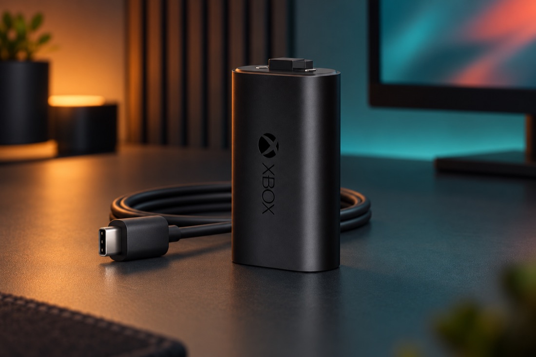 KI-Produktvisualisierung: Xbox Play & Charge Kit (Original Microsoft · Akku und USB-C-Kabel) in einem fiktiven Gaming-Studio.