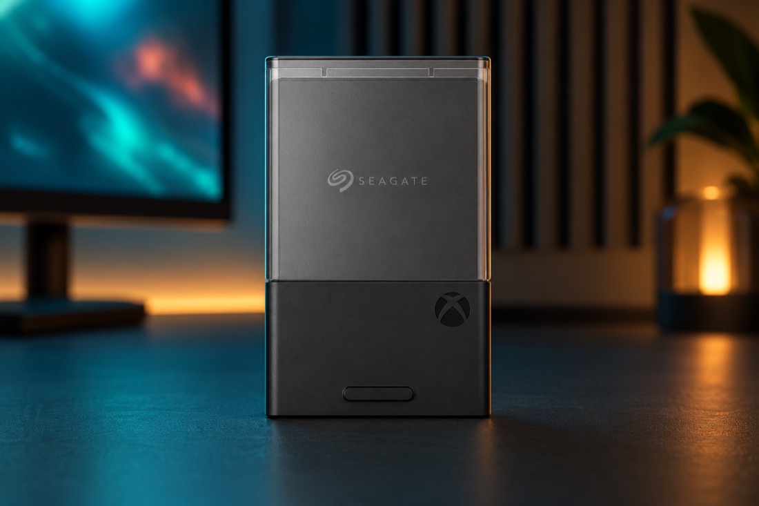 KI-Produktvisualisierung: Seagate Expansion Card (1 TB · STJR1000400 · für Series X|S) in einem fiktiven Gaming-Studio.