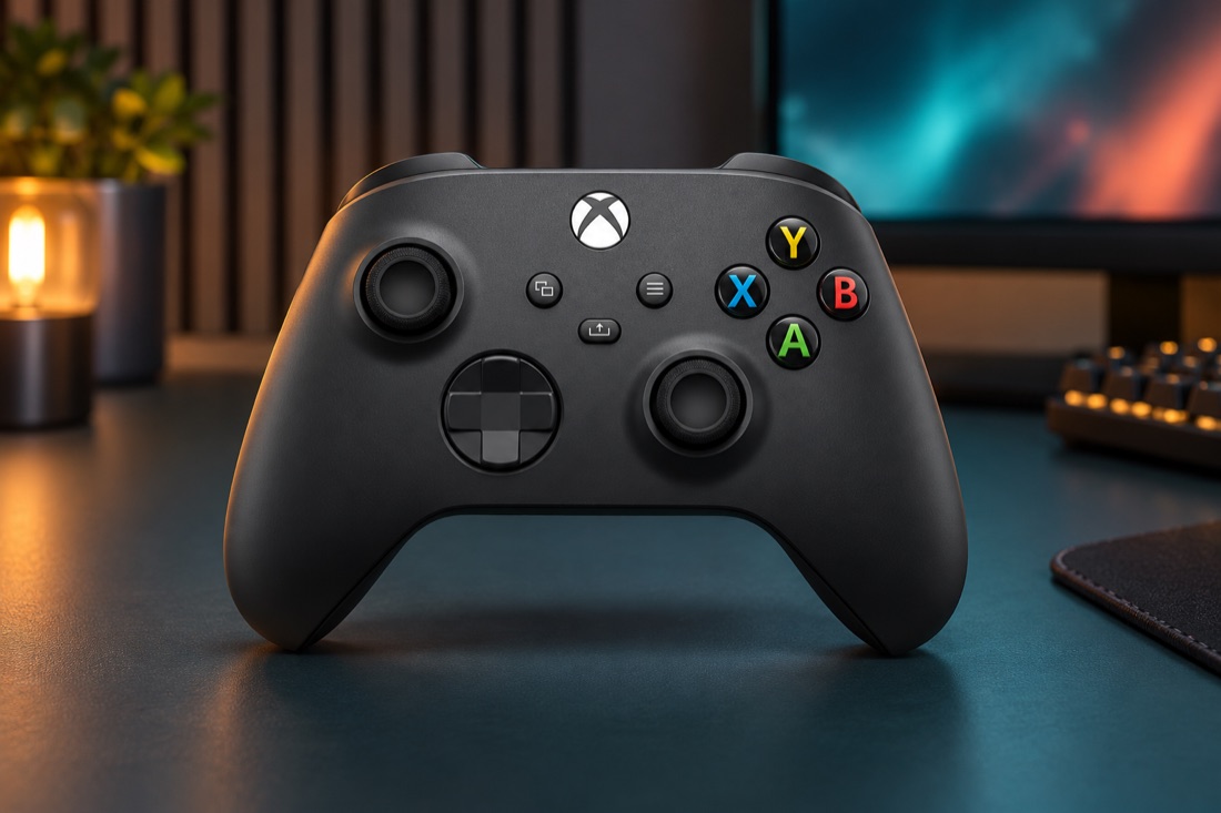KI-Produktvisualisierung: Xbox Wireless Controller (Carbon Black · Verpackung 2025) in einem fiktiven Gaming-Studio.