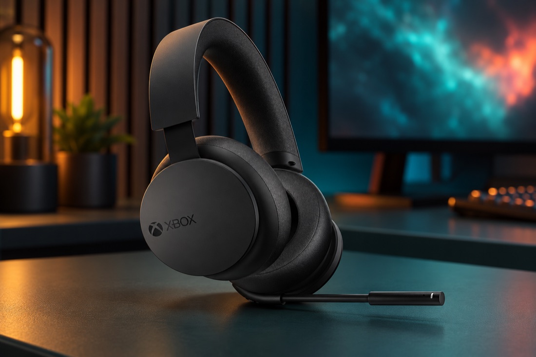 KI-Produktvisualisierung: Xbox Wireless Headset (Microsoft · Modellgeneration 2024 · Schwarz) in einem fiktiven Gaming-Studio.